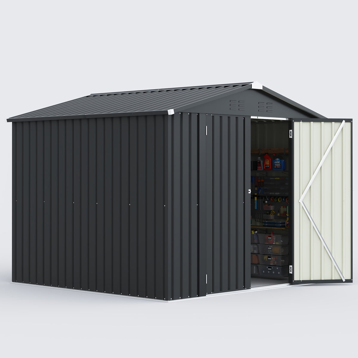 GUNJI 10X10 FT & 8 X 8 FT Outdoor Steel Storage Shed Metal Building Tiny House Lockable Door, Vertical Outside Storage Building For Garden, Backyard, Lawn, Patio Utility, Tool Storage, Bike Carport, Free Shipping