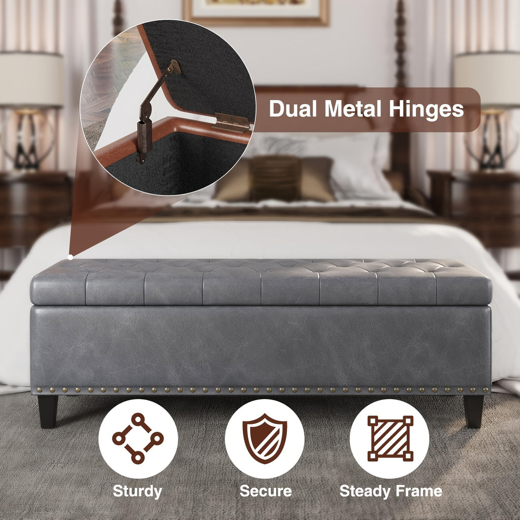 51-Inch Storage Ottoman Bench, Upholstered End of Bed Ottoman Bench with Storage and Seating, Large Faux Leather Bench for Foot Rest in Bedroom, Living Room, Entryway, Hallway