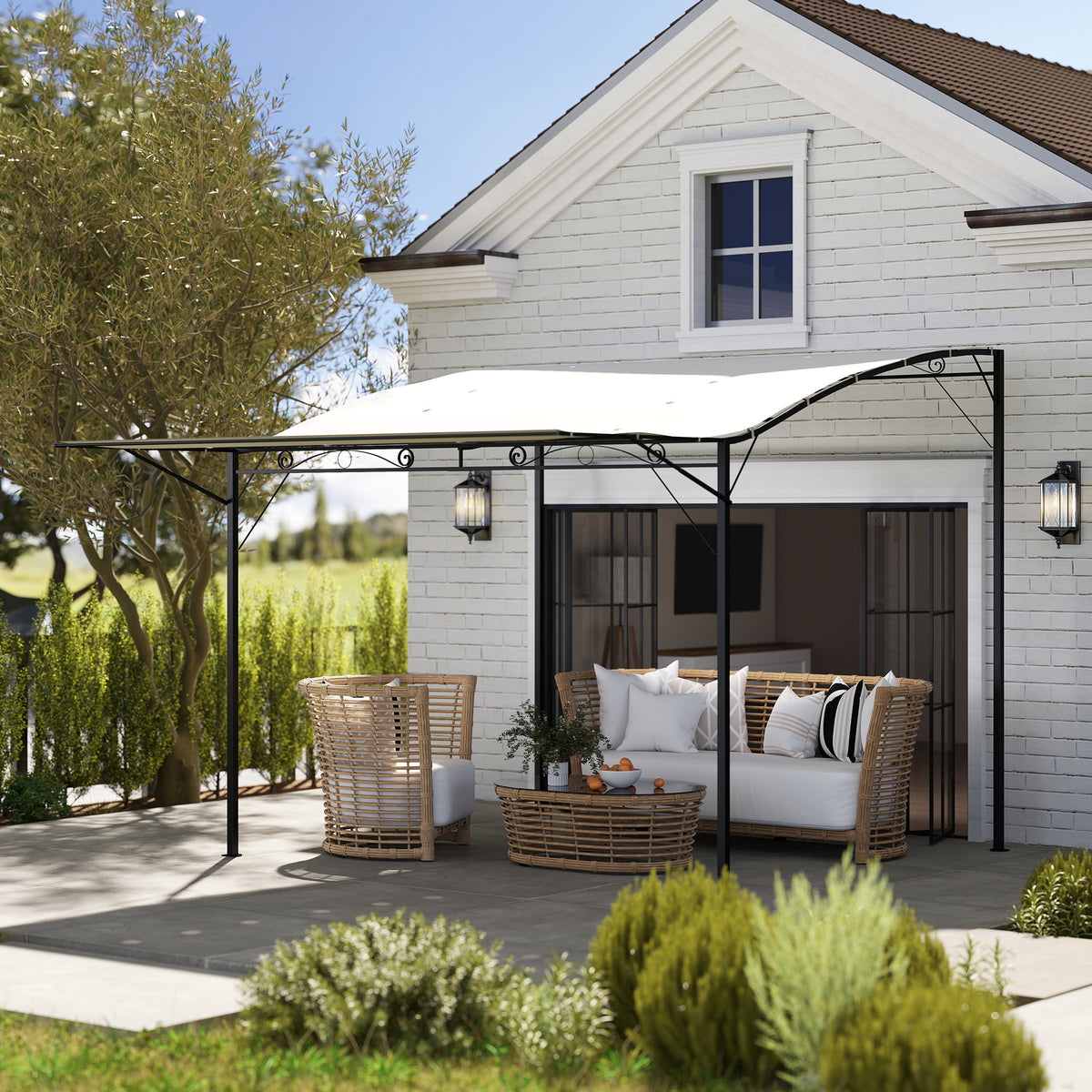 10' x 8' Outdoor Pergola and Patio Gazebo, Extendable Side Awning, Sun Shade Shelter for Garden, Camper, Deck, Doors and Windows, Cream White