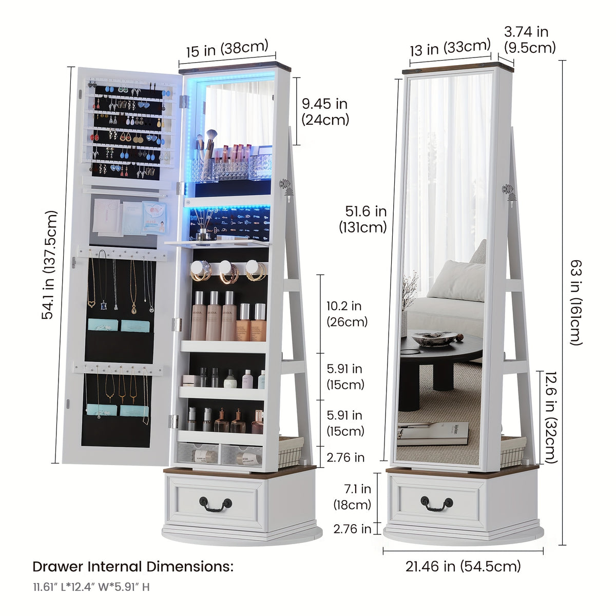 Vintage-Inspired 360° Swivel Jewelry Mirror Cabinet with Lights - Lockable, Full Length Organizer with Storage Drawer for Bedroom Decor - For Women - Perfect for Makeup & Jewelry Storage - Ideal Gift for Her