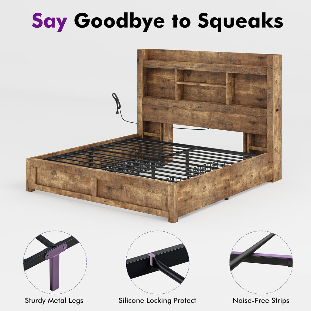Wooden Platform Bed Frame with 4 Storage Drawers and Farmhouse Styling for Organized Bedrooms