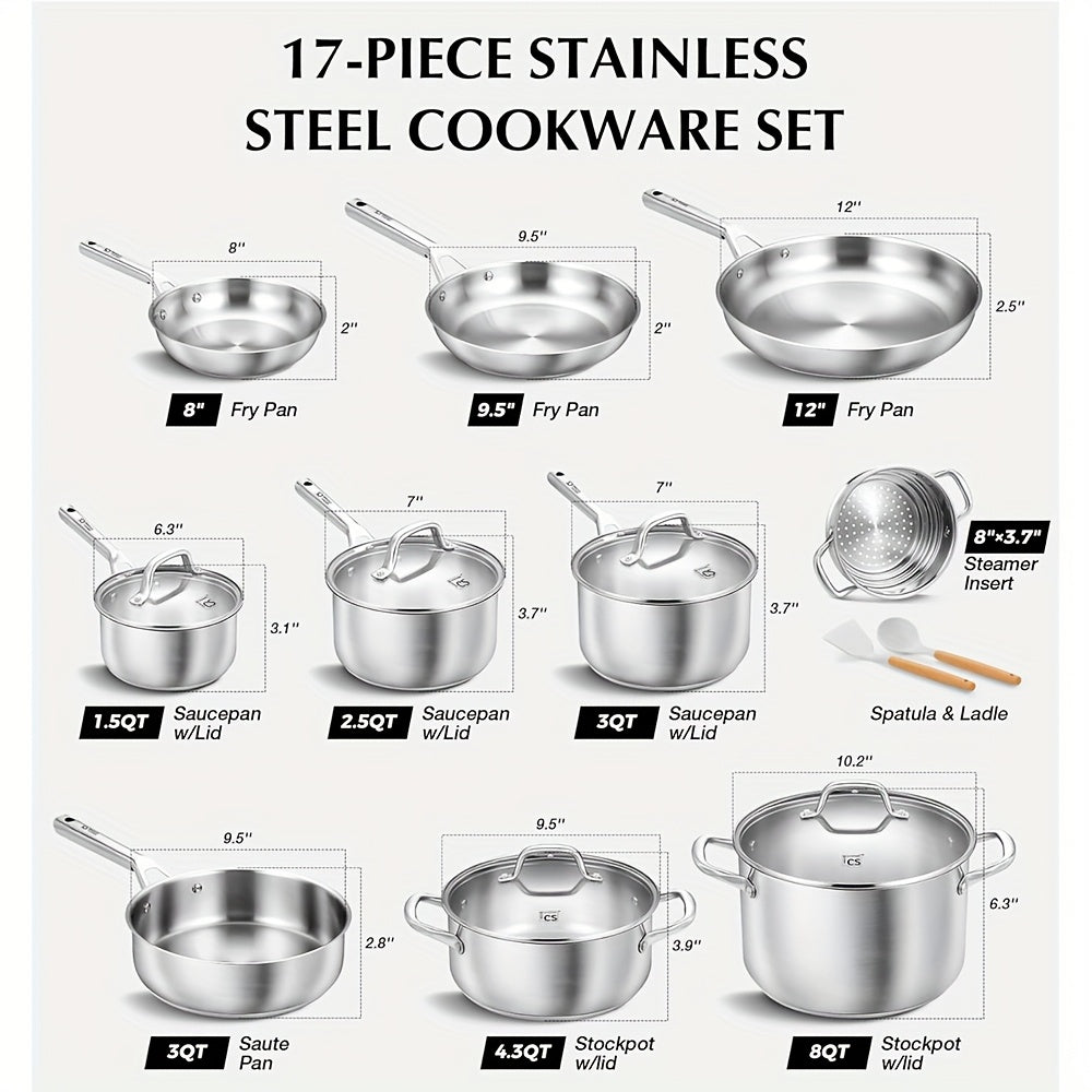 17pcs Stainless Steel Cookware Set, 17pcs Stainless Steel Pots And Pans Set for Home Cooking, Stainless Steel Kitchen Set Suitable for All Stoves, Induction Cookware Set, Oven & Dishwasher Safe
