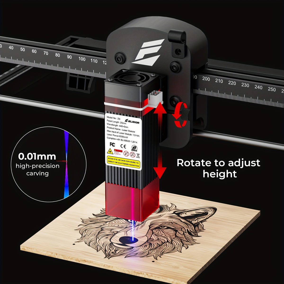 ELIDOR Z6 Laser Engraving And Cutting Machine 0.01 High Precision 6000Mw High Power 300 X 300Mm Engraving Area, Engraving Speed 10000Mm/Min, High Cost-Performance Engraving Machine Tool, Can Engrave Wood Leather Jewelry Coating Metal Etc