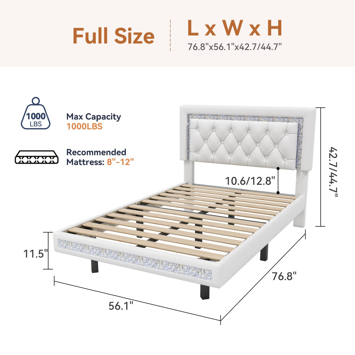 MRAEER Diamond Quilted Velvet Silent Full/Queen Bed Frame | LED Lights, Diamond Quilted Footboard, Adjustable Headboard, No Mattress Required, Easy Assembly, Available in Pink/White/Black, Powered, Contemporary Style, Christmas Gift