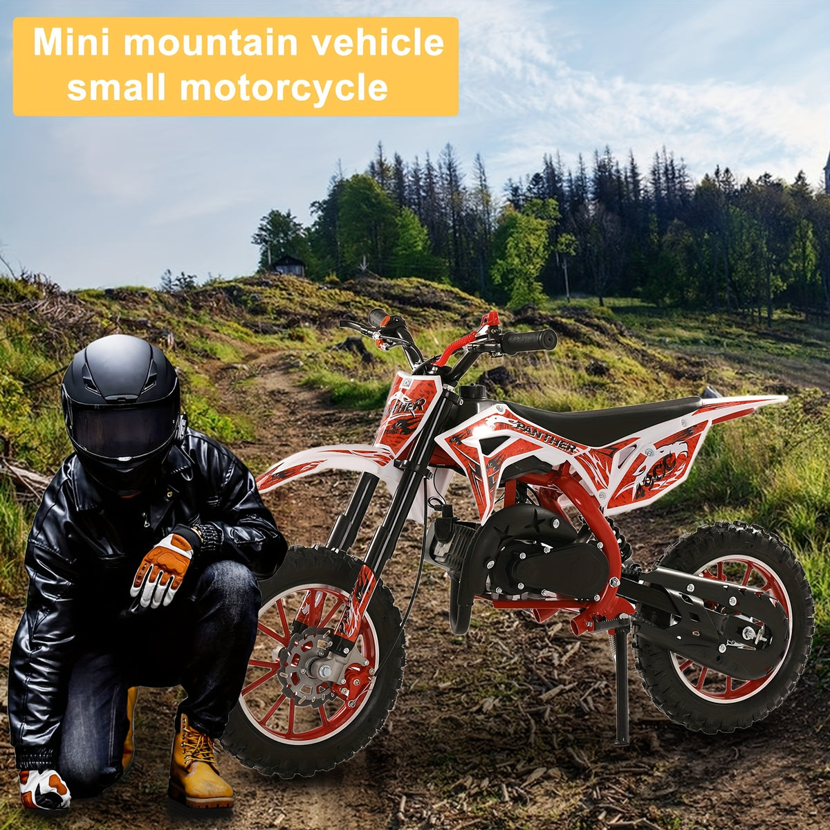 Dirt Bike 50cc Two-Stroke Mini Mountain Motorcycle with Front and Rear Disc Brakes and Top Speed Up to 25 mph