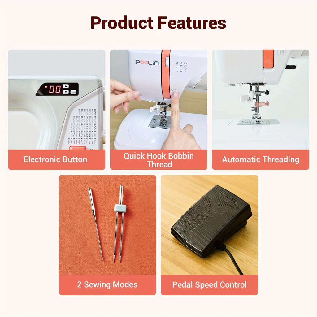 Poolin EOC01-RE Electronic Sewing Machine, Heavy Duty 100 Stitches, 6 Presser Feet, Reverse Stitching Come with Self-Threading And Twin Needles Sewing Supplies Kit Free Service DIY Craft Hobby for Home Business Use Craft Lover Gifts for Wedding