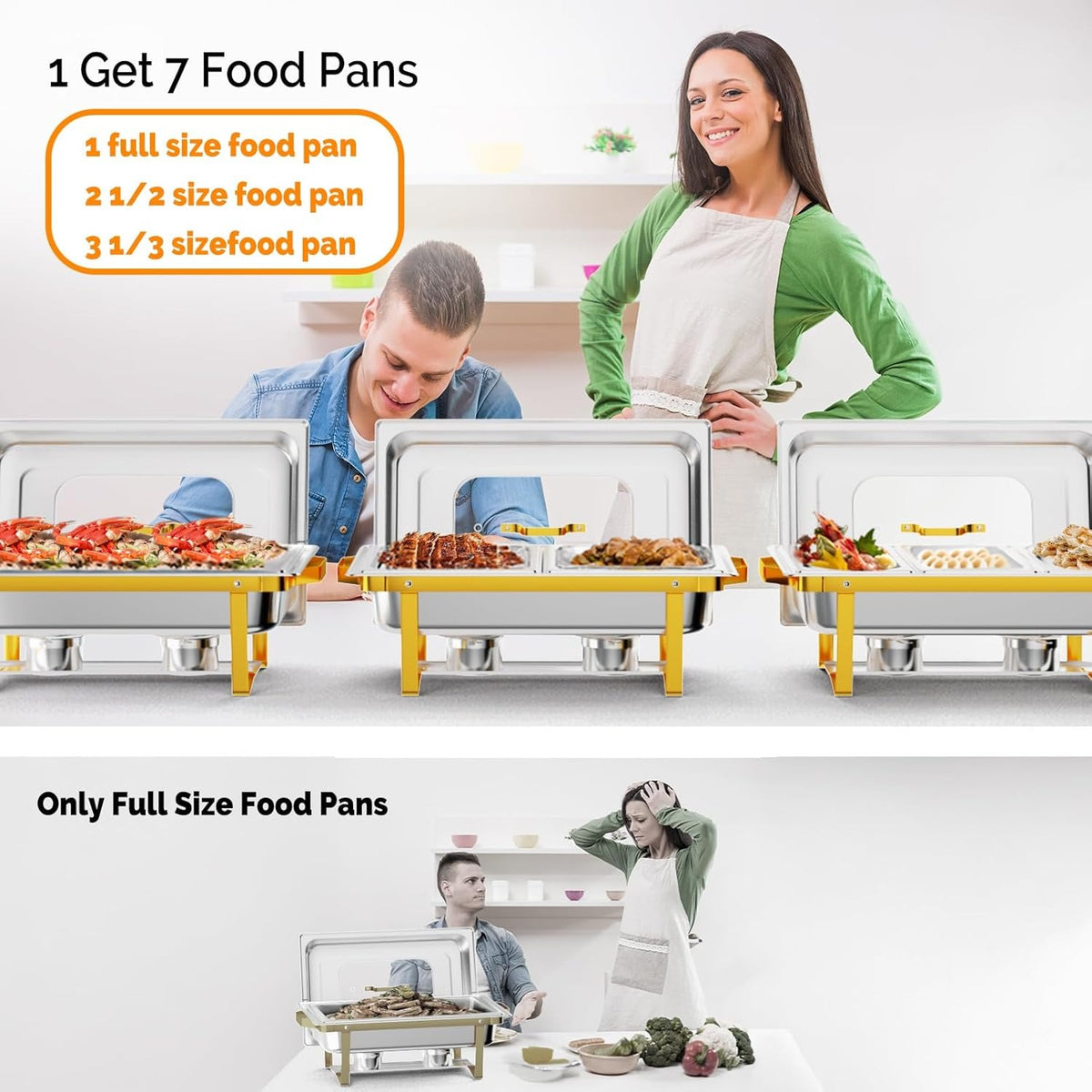 MEFEIR Chafing Dishes for Buffet 4 Pack, 9QT Chafing Dish with Multiple Food Pans Combo,Stainless Steel Buffet Servers and Warmers with Glass Lid & Folding Frame for Parties Weddings, Gold & Silver only for cooking