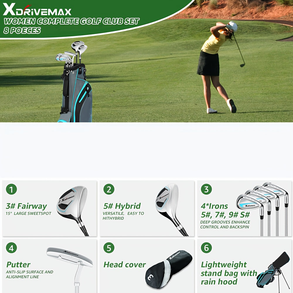 XDriveMax 8pcs Complete Golf Club Set for Men/Women Includes Stand Bag with Rain Hood, Fairway Wood Head Covers, Hybrid, Irons And Putter