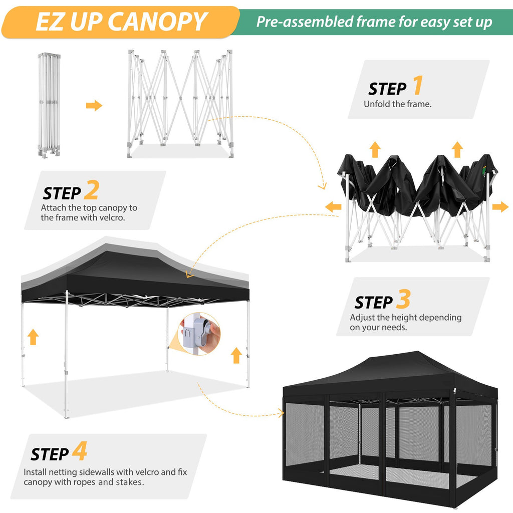 Hoteel 10x15 Heavy Duty Pop Up Canopy Tent with 4 Sidewalls, Commercial Gazebo Party Tent with Mosquito Netting Wall Easy Up Outdoor Instant Screen Tent for Backyard, Beach, Patio, Garden