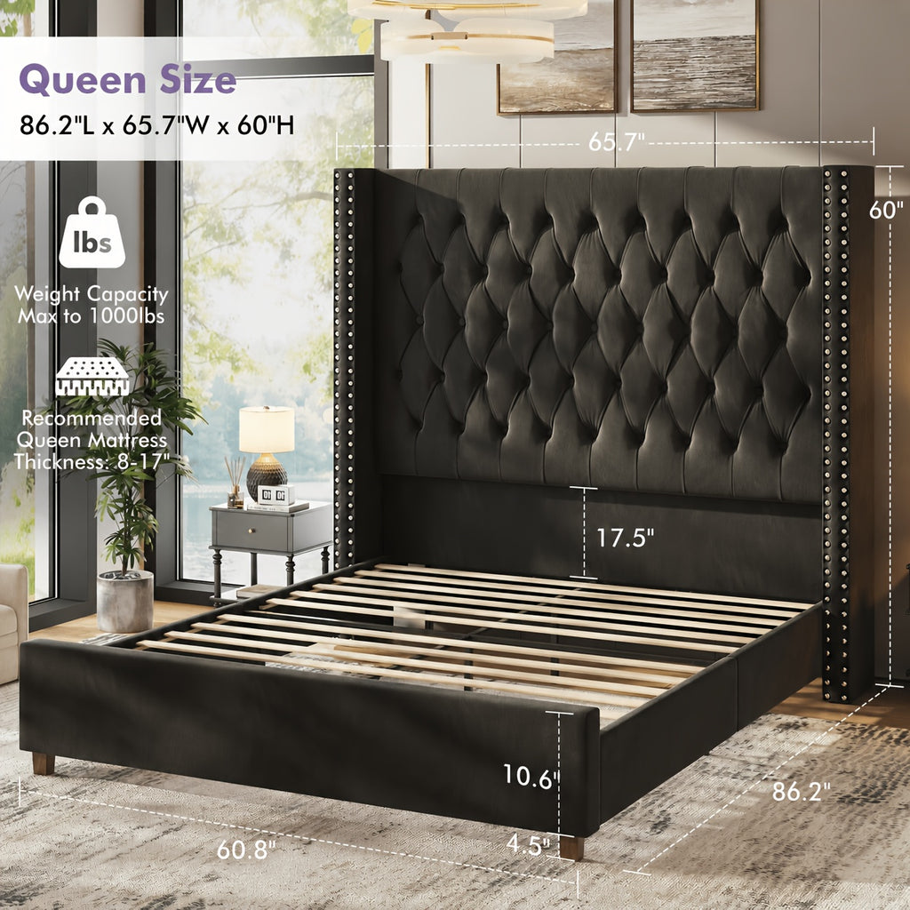 LUXOAK 60 Inch Tall Velvet Bed Frame With Tufted Wingback Headboard, Solid Wood Legs And Slat Support, No Box Spring Needed