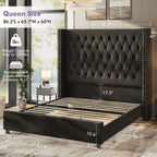 LUXOAK 60 Inch Tall Velvet Bed Frame With Tufted Wingback Headboard, Solid Wood Legs And Slat Support, No Box Spring Needed