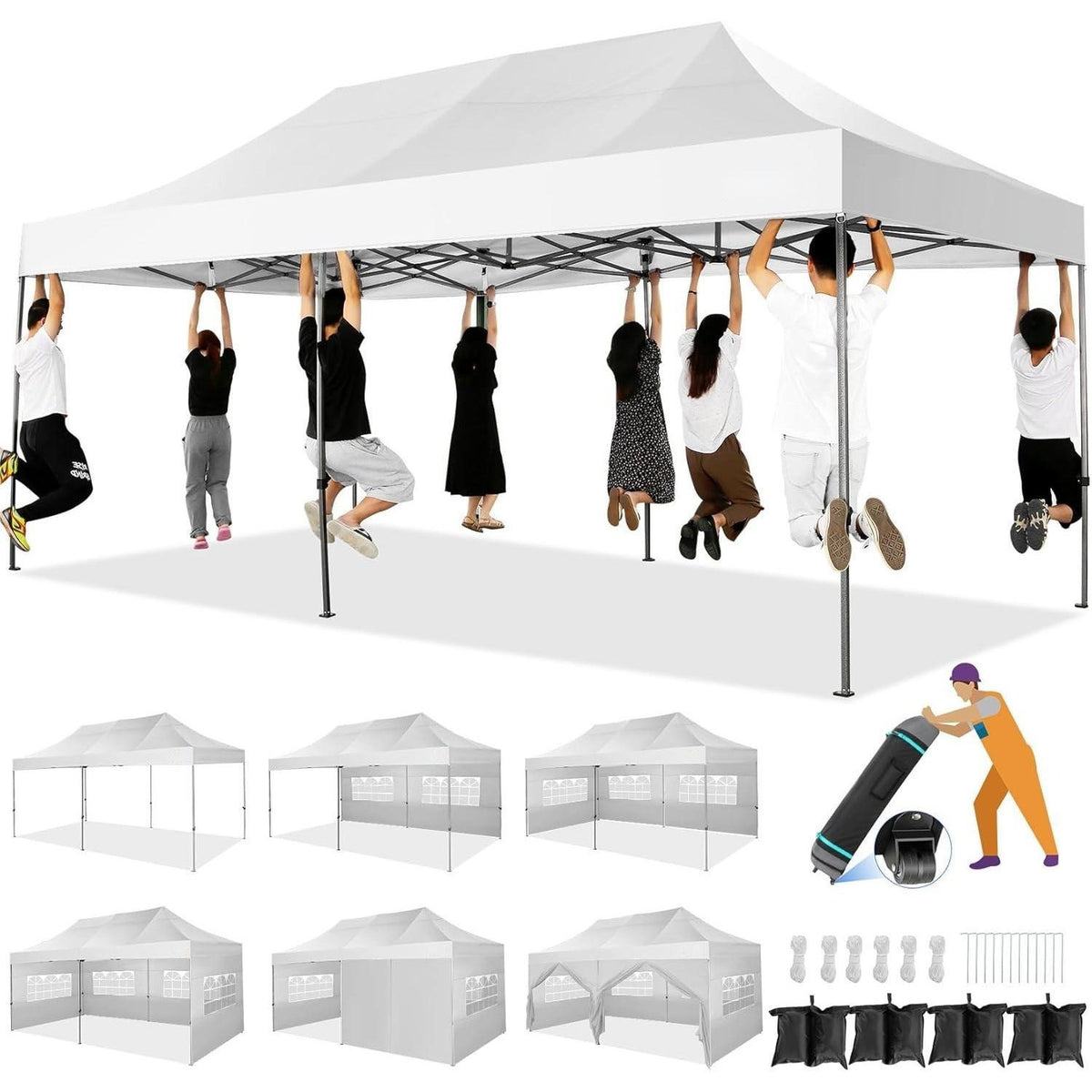 10x20 Pop Up Canopy Tent, Heavy Duty Canopy with 6 sidewalls, Easy Up Commercial Outdoor Canopy, Wedding Party Tents for Parties, All Season Wind & Waterproof Gazebo with Roller Bag, Pop Up Canopy for Wedding, Commercial Areas, Playgrounds, etc