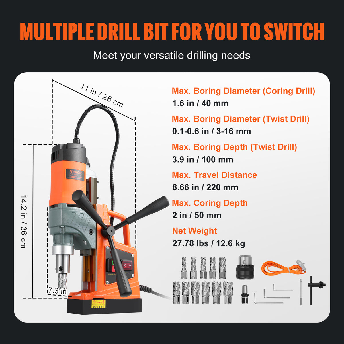 VEVOR Magnetic Drill, 1450W 1.57" Boring Diameter, 12500N 850 RPM Portable Electric Mag Drill Press, Drilling Machine for any Surface Home Improvement Industry Railway