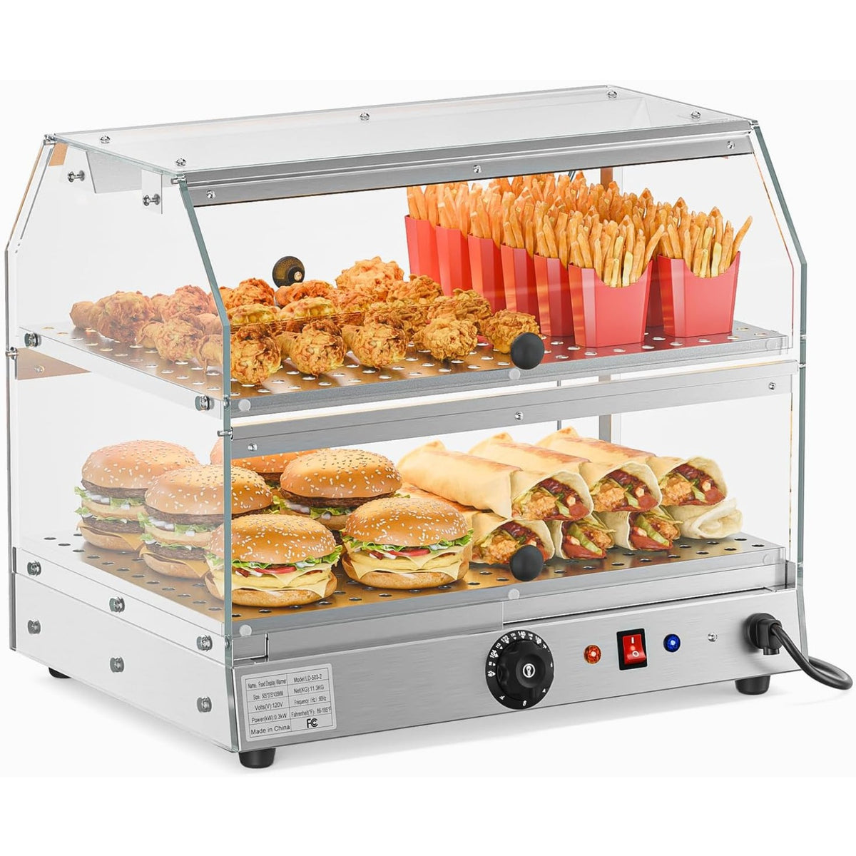 2-Tier Food Warmer Pizza Warmer Countertop, Food Warmer Display Pretzel Warmer with LED Lighting Front and Rear Doors, Electric Catering Hot Box Acrylic for Buffet Restaurant Cafe