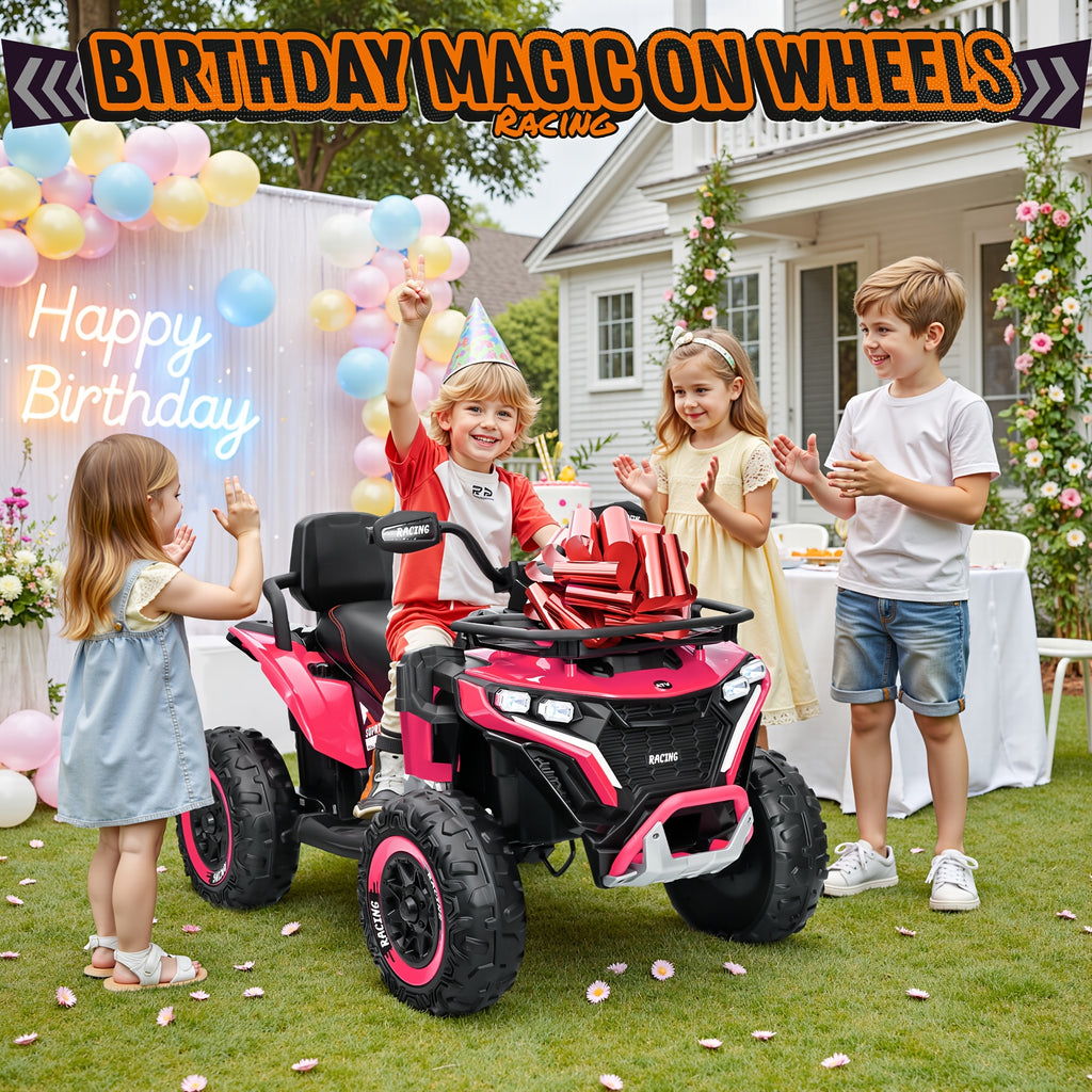 24V Electric Kids ATV Quad, 4WD Off-Road Vehicle, 2-Seater with Leather Seats And Knee Pads, Ride-On for Boys And Girls (/Red//Black) - Ideal Birthday/Christmas/Halloween Gift, 3 Speeds, Remote Control Design