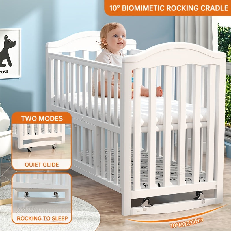Non-full-size Wooden Convertible Crib with a Dome-shaped Mosquito Net and 3-inch Sponge Mattress, Convertible into a Rocking Bed. Features a Three-position Adjustable Bed Base Height and Oversized Storage Space at the Bottom. Equipped with TPR Steel