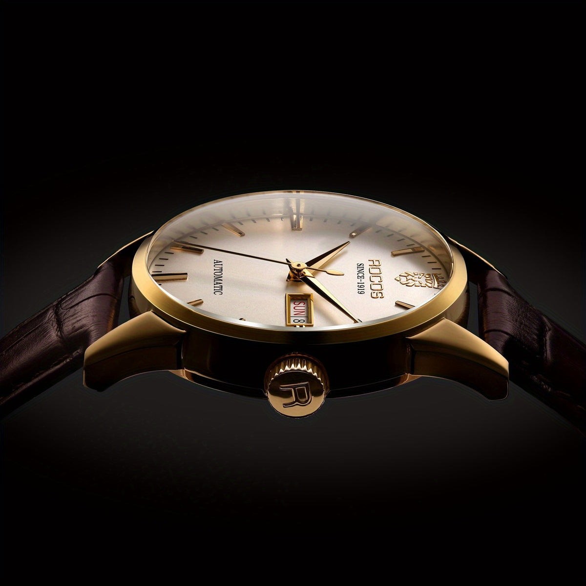 ROCOS Men's Watches High-end Business Watch for Men Automatic Mechanical Watch Classic Big Three Hands Golden Case Calfskin Strap Double Push Butterfly Buckle Calendar Day Of The Week Gift for Boyfriend