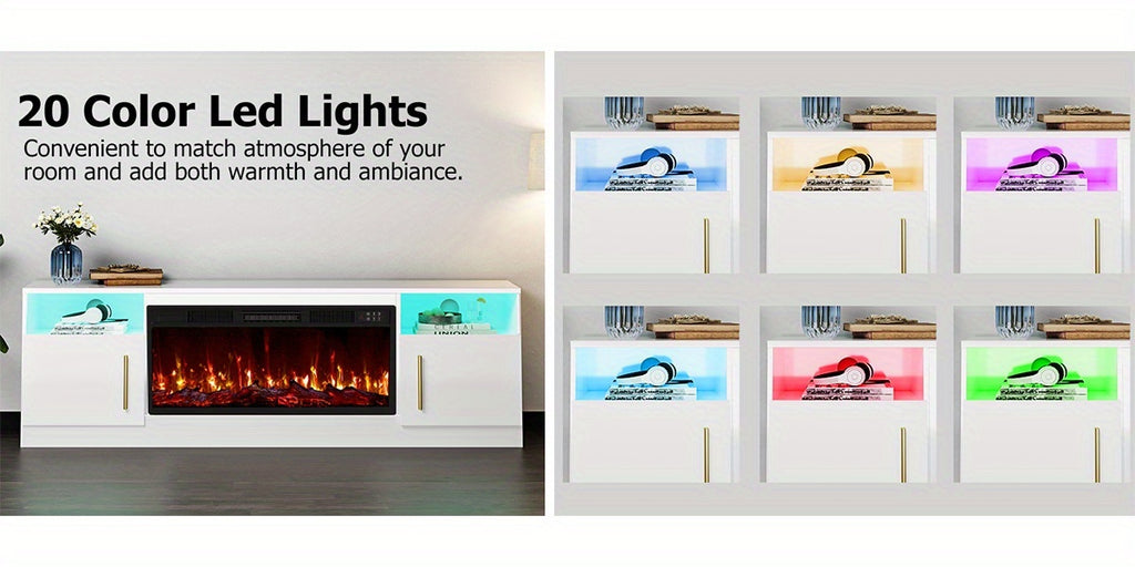 Fireplace Tv Stand with 36 Inch Fireplace Up to 80" TVs, LED Light Entertainment Center And Storage, 70" Modern Wood Media TV Console with Highlight Cabinet for Living Room