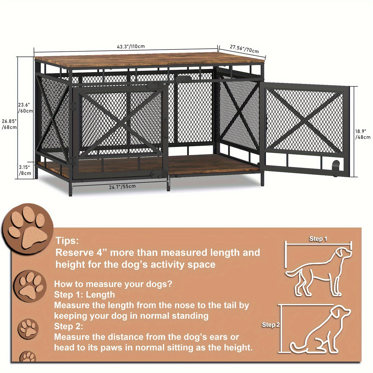 Dog Crate Furniture, Dog Kennel for Small Medium Large Breed, Heavy Duty 43" Large Corner Dog Crate, Indoor Pet Cage with Side Door