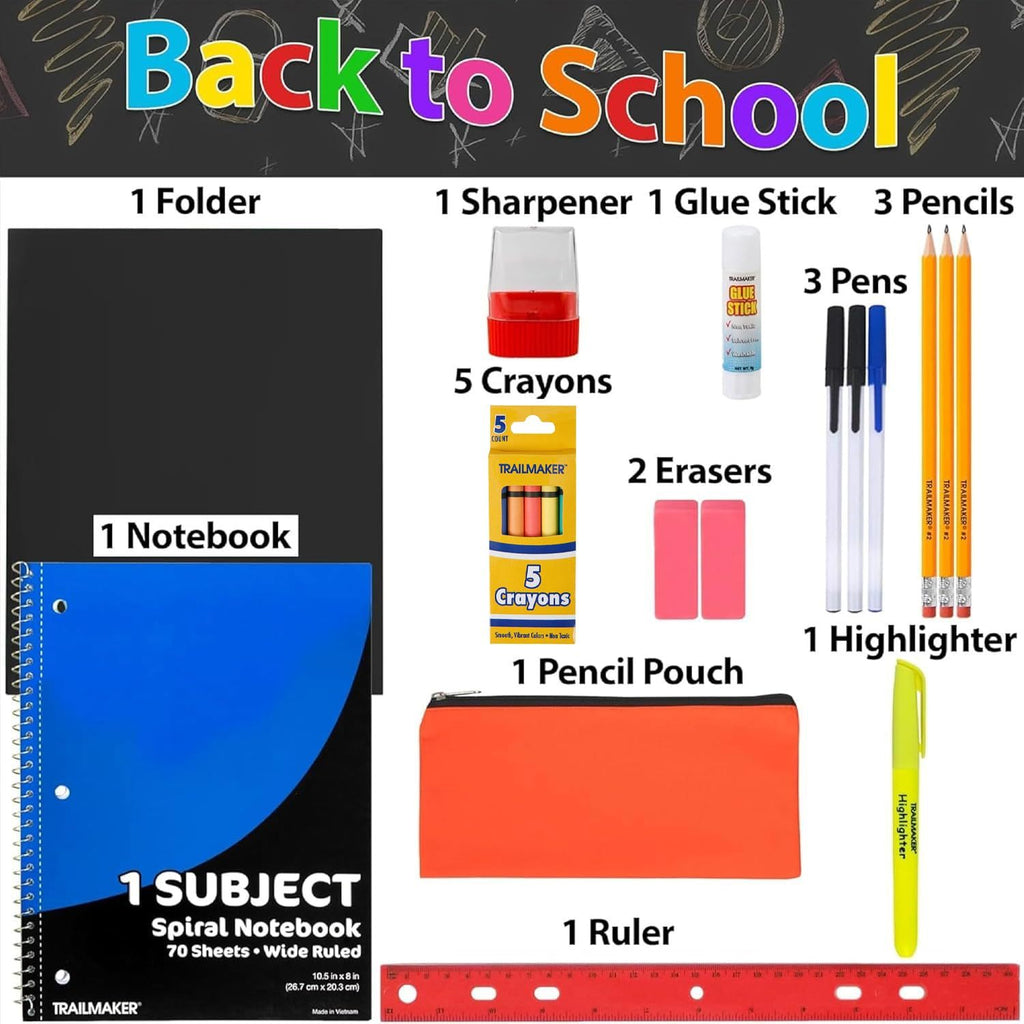 24 Pack of 20 Piece Stationary Kits Containing 1 Spiral Notebook, 1 Colored Folder, 3 Ballpoint Pens, 3 Pencils, 5 Crayons, 2 Erasers, 1 Pencil Case, 1 Sharpener & More!