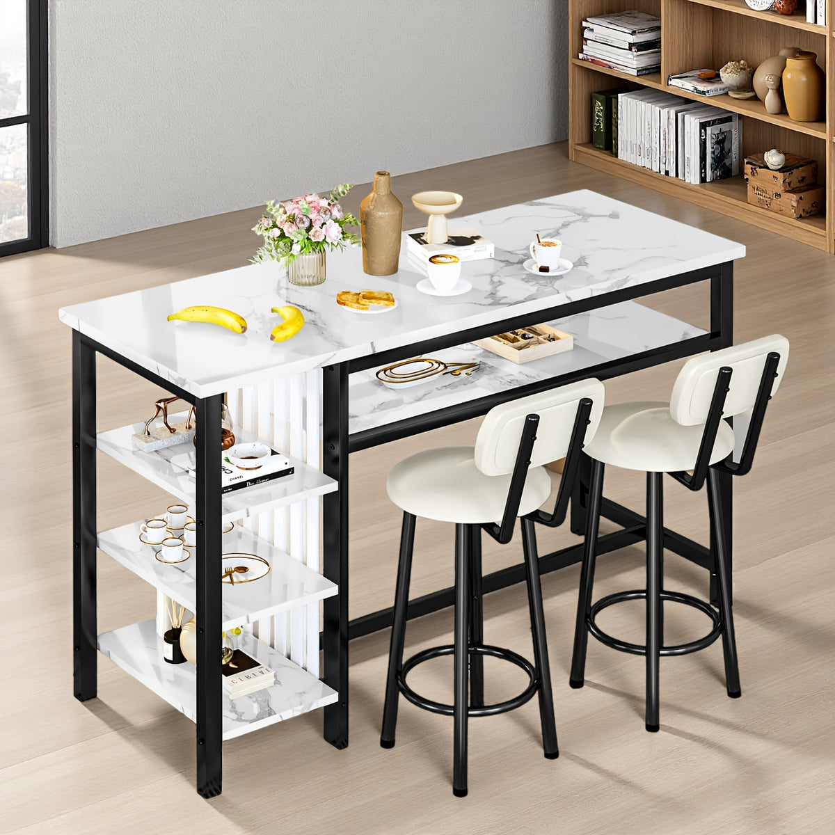 Bar Table with Stools Set Of 2, Kitchen Island with Seating Bar Table Set with Storage, Counter Height Small Dining Table And Chairs Set Of 2, Faux Marble Kitchen Table And Chairs Set with 2 PU Leather Upholstered Seat for Small Space, Dining Room