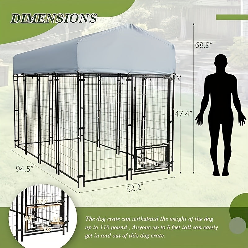 8x4x6 FT Outdoor Dog Kennel With Roof, Heavy Duty Dog Cage For Large Dogs, Outside Dog Enclosure With 2 Rotating Dog Bowls, Welded Wire Steel Dog Run Playpen Fence With Secure Lock