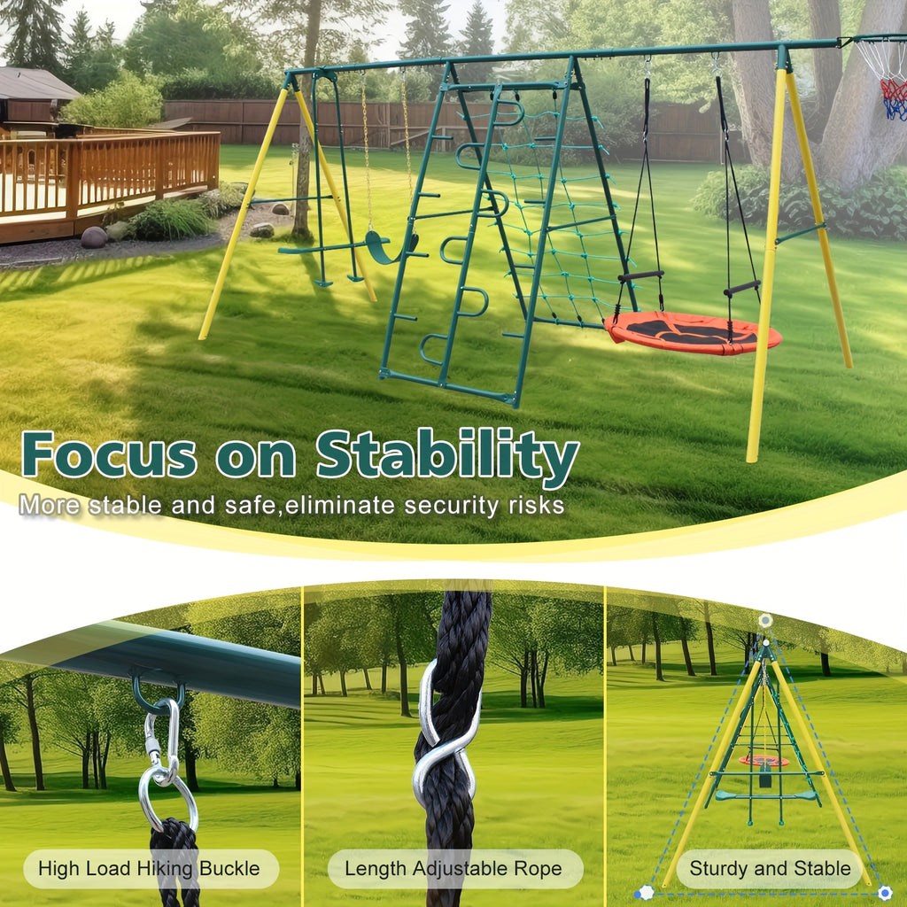 Swing Sets For Backyard With Saucer Swing, Belt Swing, Glider, Climbing Rope, Climbing Ladder, Basketball Rim, 6 In 1 Swing Set