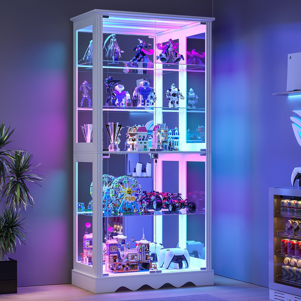 Display Cabinet with Glass Doors, 71'' Tall Curio Cabinet with RGB Lights for Collectibles, LED Display Case with Removable Shelf for Book/Medal/Figure, Black And White