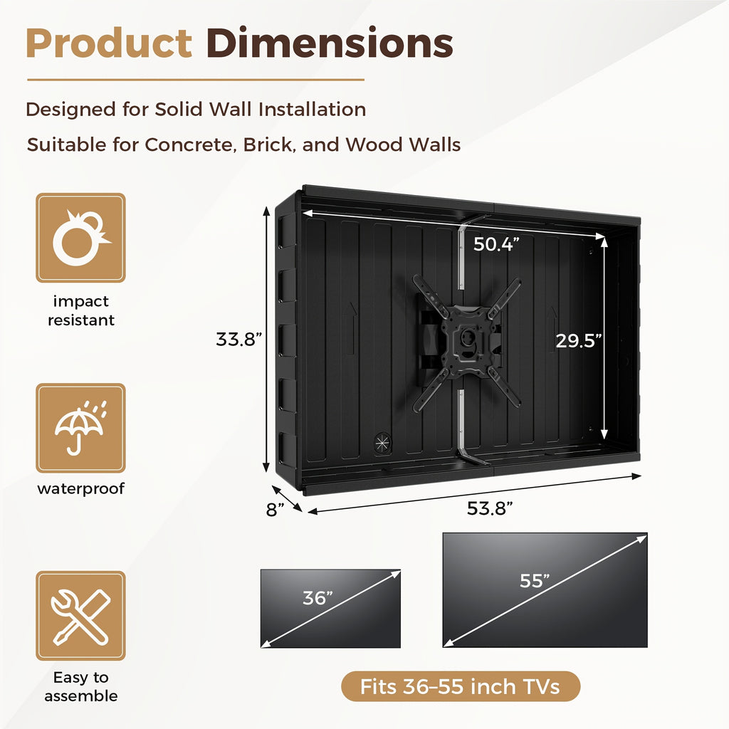 Outdoor TV Enclosure, 55 Inch Outdoor TV Cover Weatherproof, Hard Plastic TV Box with Frosted Panel, Adjustable Wall Mount Bracket for Yard/Swimming Pool (36-55Inch)