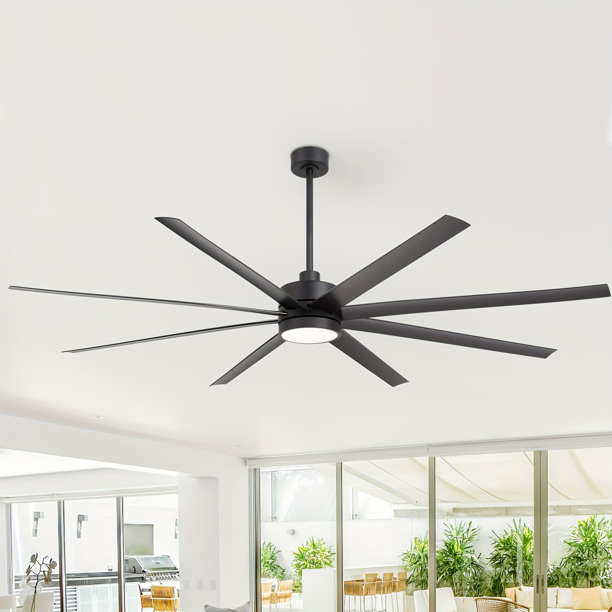 [Indoor/Outdoor Ceiling Fan] 84" Industrial Large Ceiling Fans with Lights Remote Control, 8 ABS Blades, Reversible DC Motor, 6 Wind Speed, Timer, 3 Down Rods Mount, Indoor/Outdoor Ceiling Fans for Patios/Garage/Porch, Black