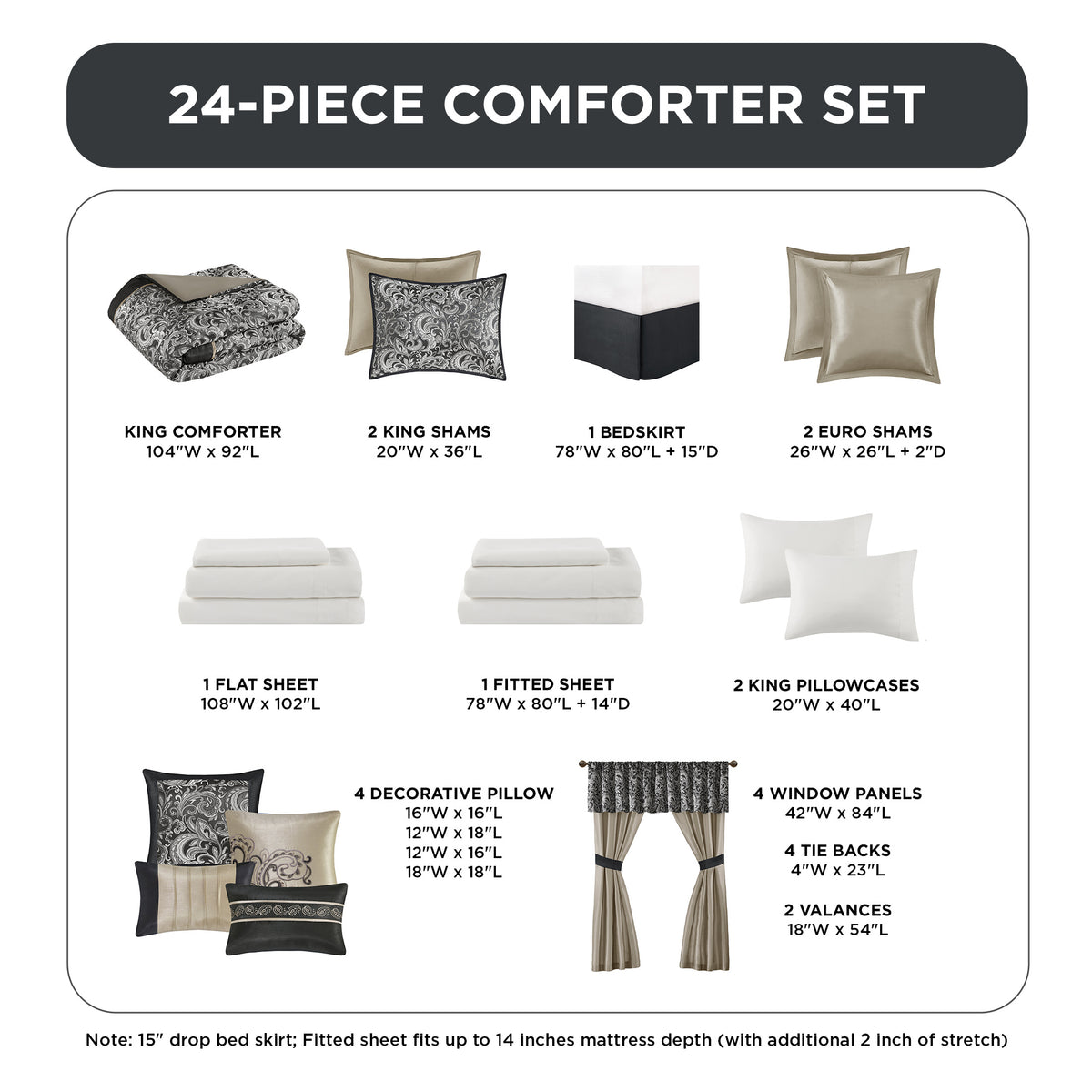 24-Piece Jacquard Paisley Comforter Set, Luxury Bedding Set, Room in a Bag, Bed in a Bag, Queen, King, CalKing, Sheet, Panels