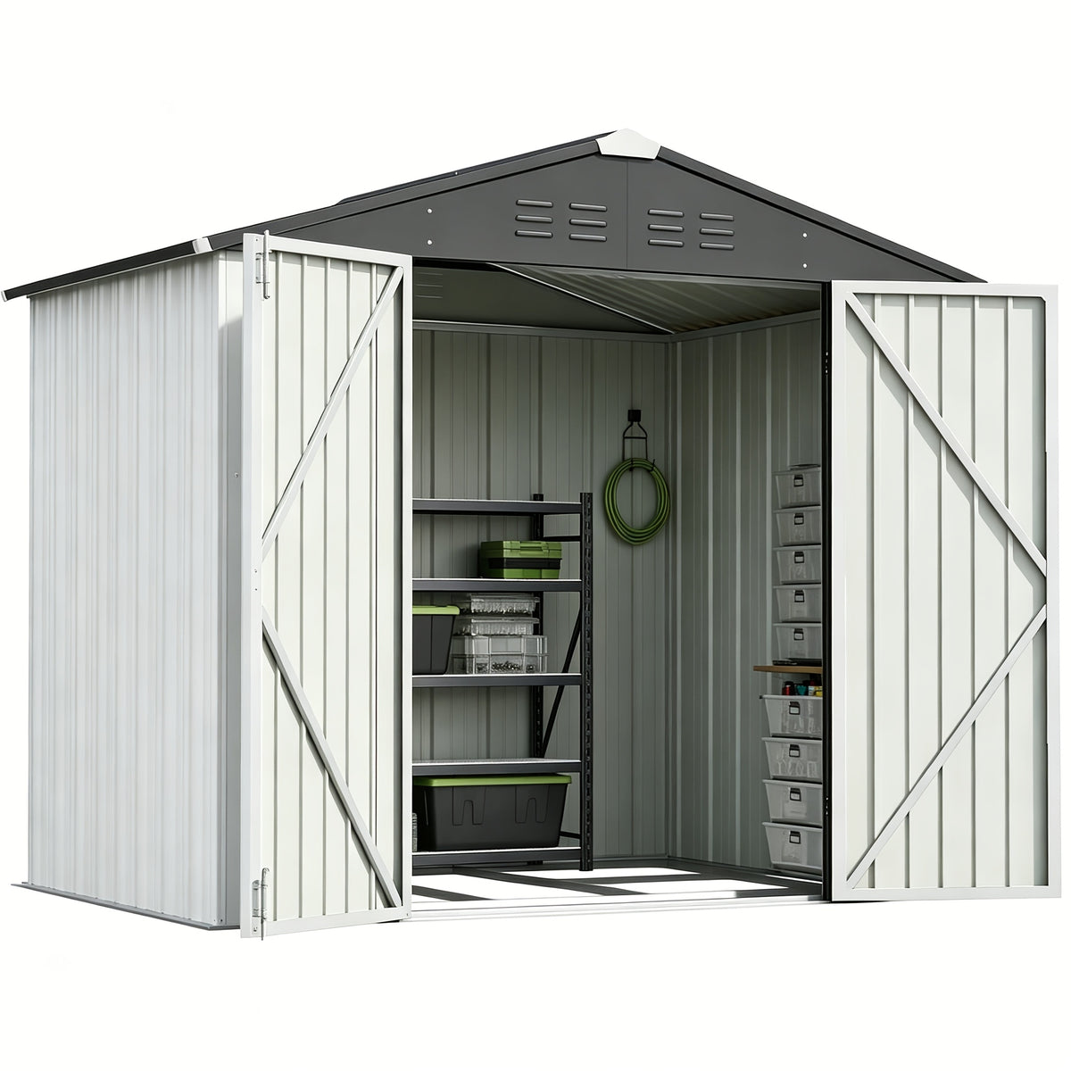 [Garden Storage Shed] GUNJI 5X3 FT And 6X4 FT And 8X6 FT Garden Storage Shed with Base Foundation, Heavy Duty Galvanized Steel Weatherproof Outdoor Tool Shed for Backyard Patio Lawn, Rust Resistant Lockable Door Tool House for Gardening Equipment Bike Sto