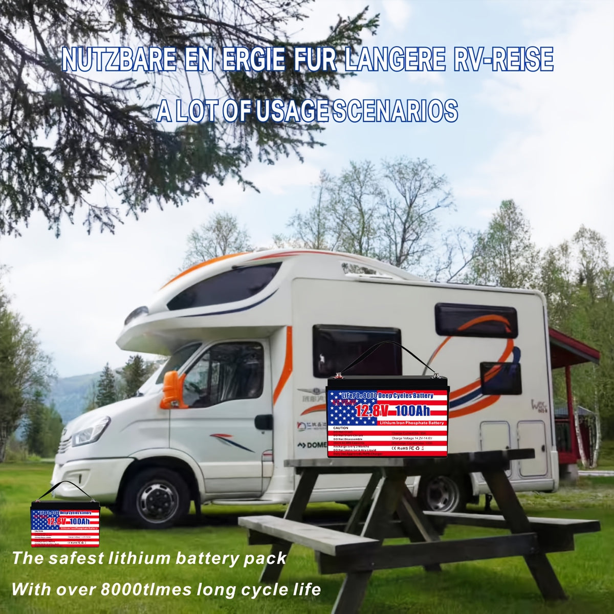 12v 100Ah LiFePO4 Battery Deep Cycle Battery 8000+ Cycles 100A BMS Rechargeable Lithium Iron Phosphate Battery Low-Temp Protection, For RV Marine And Home Energy Storage