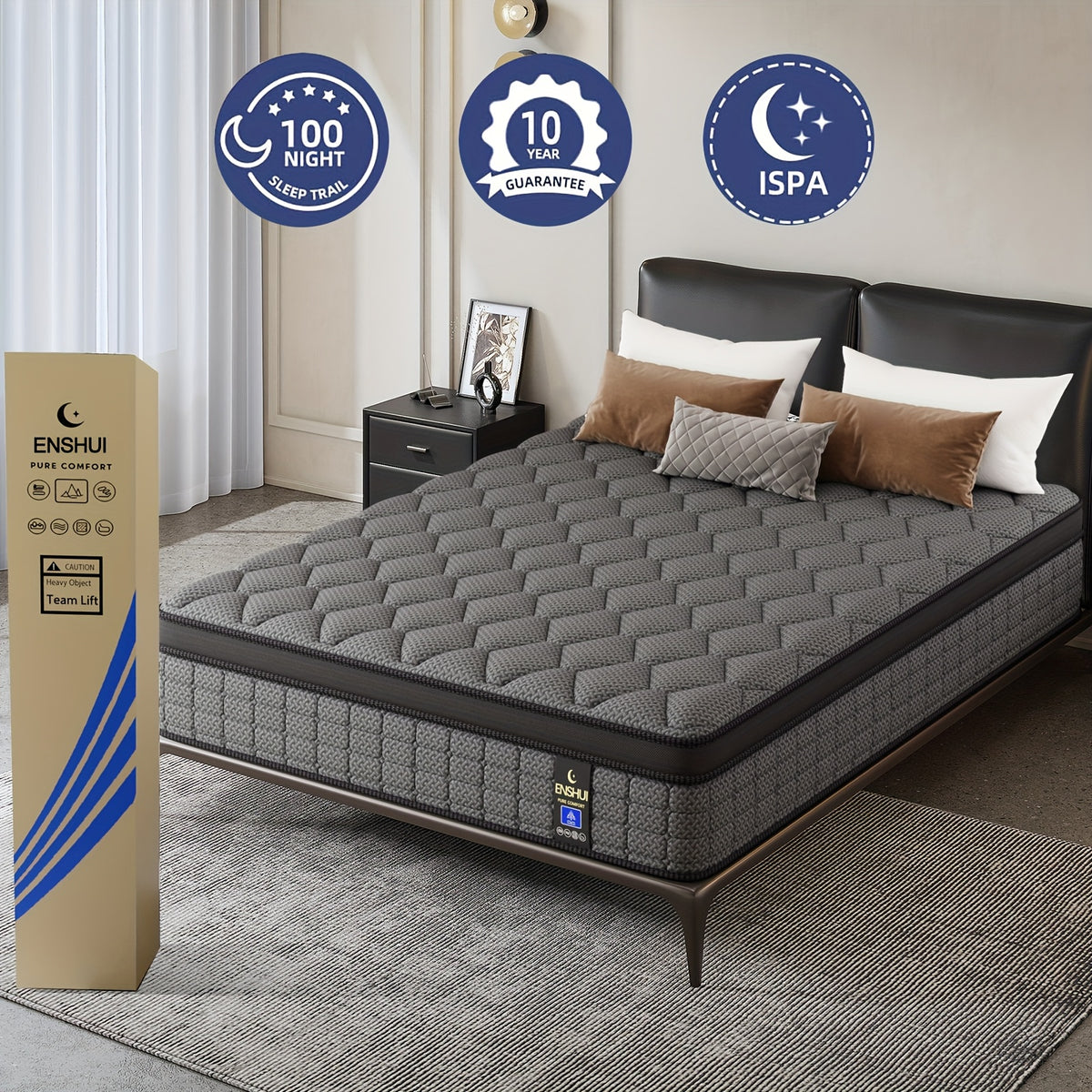 ENSHUI 12 Inch Hybrid Mattress - Twin/Full/Queen/King Size, Cooling & Pressure-Relieving Gel Memory Foam, Hypoallergenic, Medium Top, No Power Needed, White & Blue Mattress in Box, Bedroom Furniture, Sleek Bedroom Decor, Pocketed Coil Construction