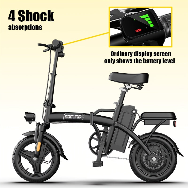 14" Lightweight And Foldable E-Bike, Max Load Capacity Of 330LBS, Rear Disc Brakes, 500W Motor, Up to 19.9MPH Speed, 6-hour Fast Charging, with Anti-theft Battery, Two Models Optional, for Commuting