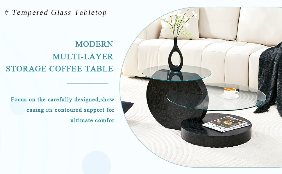 Glass Coffee Table for Small Spaces with Three-Tier Storage and a Clear Tempered Glass Top