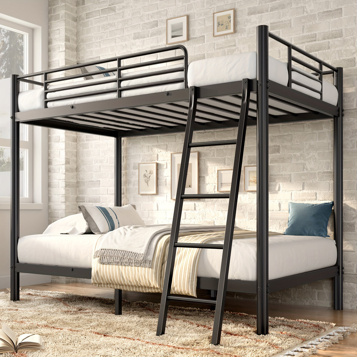 Bunk Beds Twin Over Twin/Full Size, Heavy Duty Metal Bunk Bed Frame With Angled Ladder For Spaces-Saving, Smooth Rounded Edges, Noise Free & Easy Assembly, Black