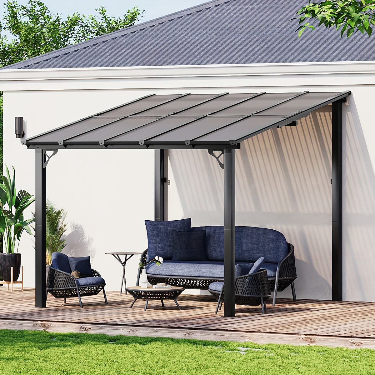 Outdoor Gazebo & Pergola Set - Hard Top Lean-to Wall Mounted Aluminum Alloy Awning With Canopy Roof, Outdoor All-Weather Cover For Patio, Backyard, Deck, Shade & Rain Protection(Multi-size Selection)