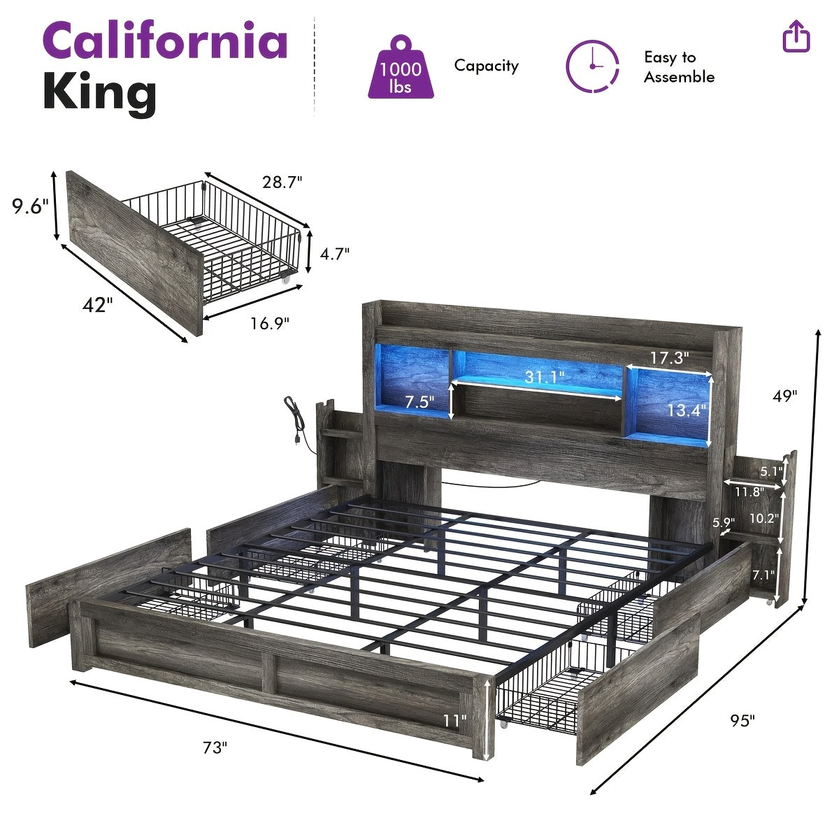 PAPABABE Bed Frame With 49.6 Inch Bookcase Headboard, 4 Drawers And 2 Detachable Storage Racks - Farmhouse Wood Bed Frame With RGB LED Lights And Charging Station, No Box Spring Needed
