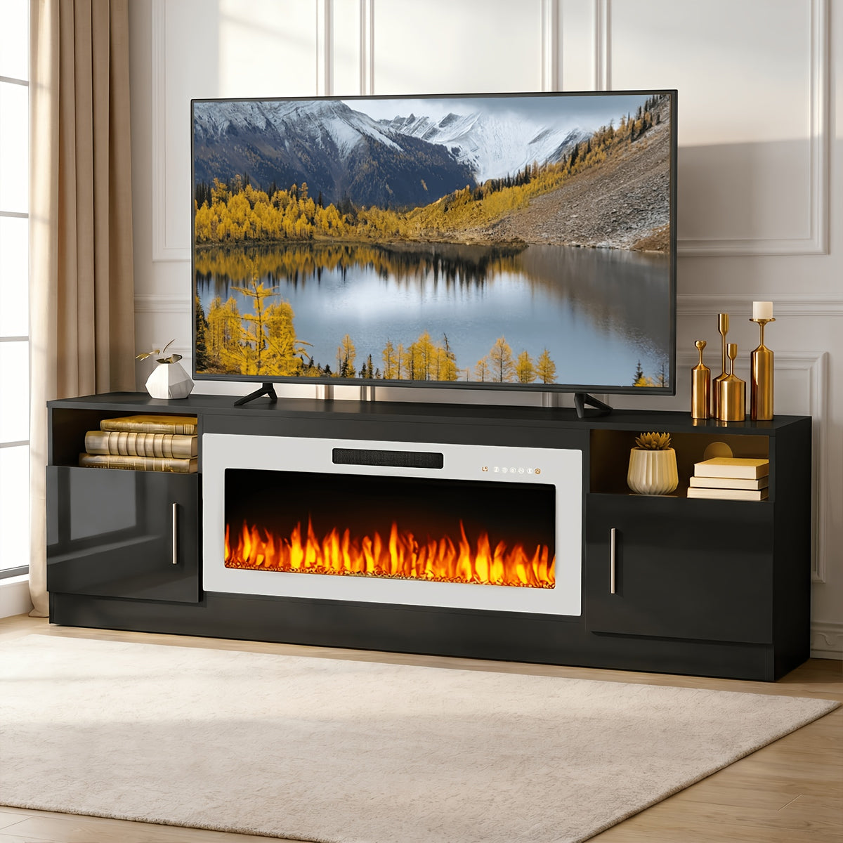 70" Fireplace Tv Stand with 36 Inch Fireplace Up to 80" Tvs, LED Light Entertainment Center And Storage, 70"Modern Wood Media TV Console with Highlight Cabinet for Living Room
