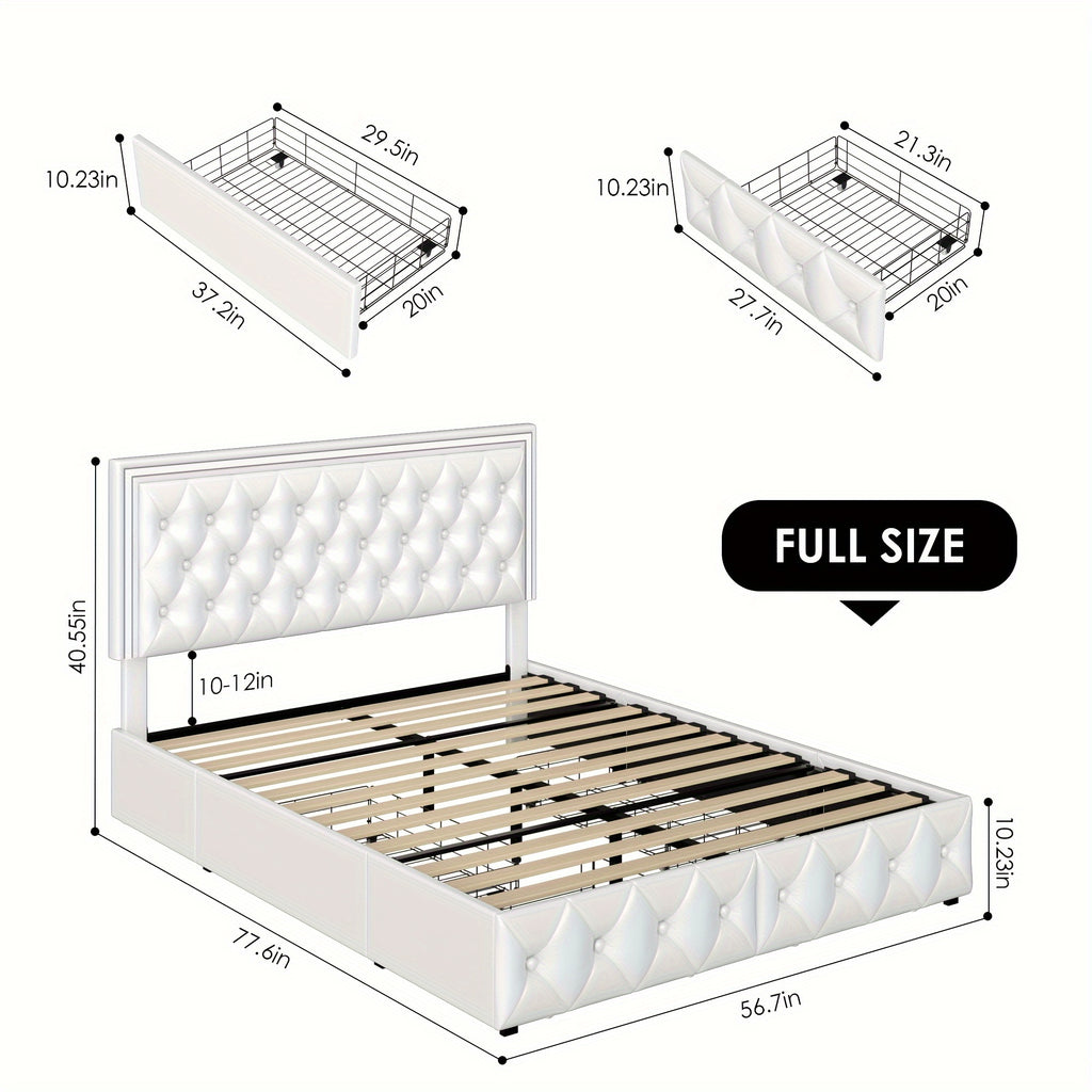 Full/Queen/King Size Modern Bed Frame with LED Headboard & 4 Storage Drawers - Upholstered Platform Bed, Button Tufted Headboard Suitable for Beige/White/Black - Assembly, No Box Spring Needed, Wood-Free