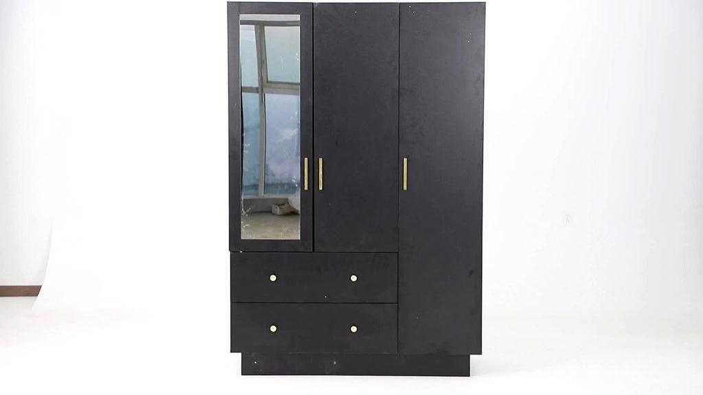 3 Doors Armoire Wardrobe Closet with Mirror, LED Armoire with Doors And Drawers, Wooden Armoire Storage Cabinet with Hanging Rod, Adjustable Shelves