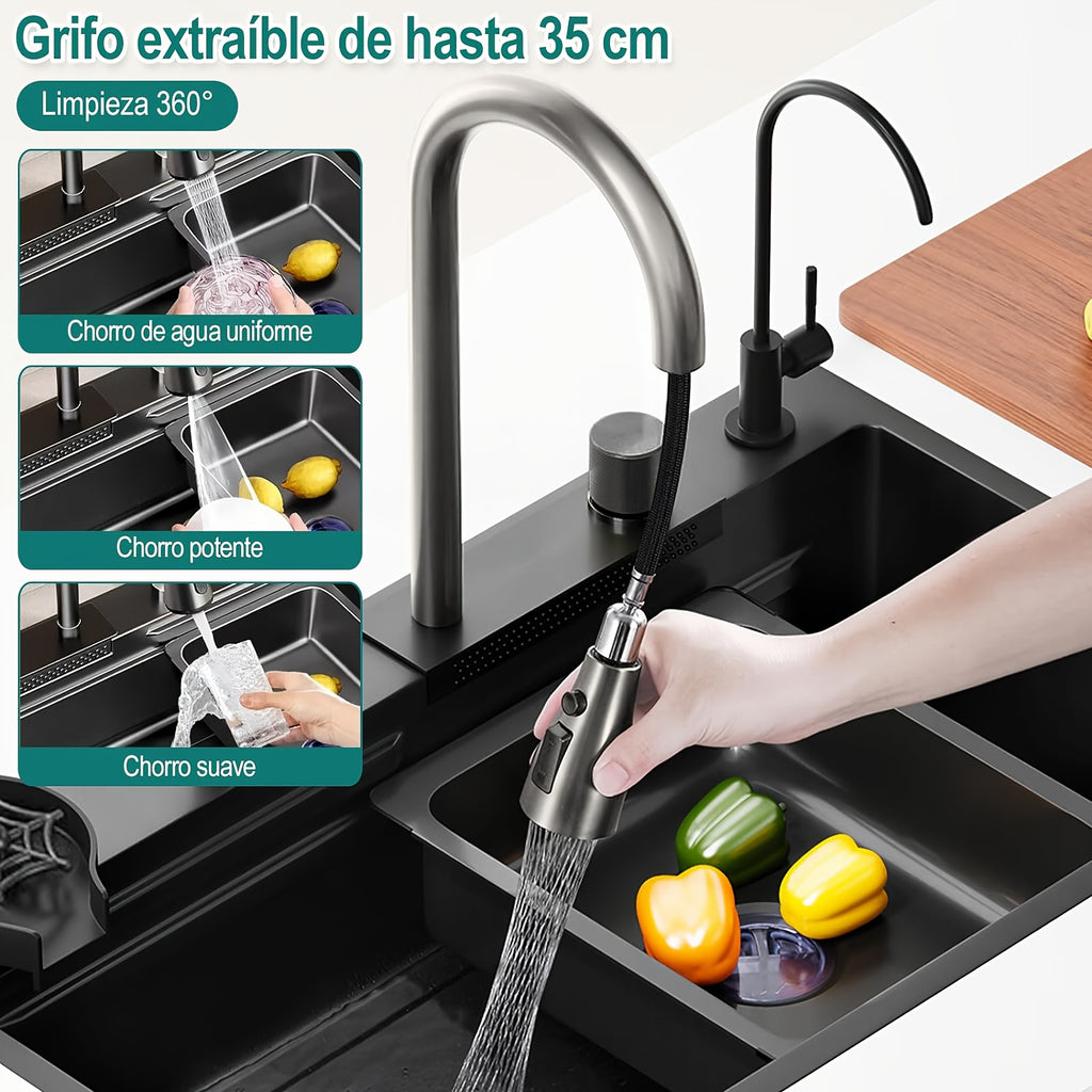 Stainless Steel Kitchen Sink with Waterfall Feature - Single Basin, Built-In/Under Countertop Design, Includes Faucet & Additions Kitchen Faucets for Sinks Kitchen Sink Faucet