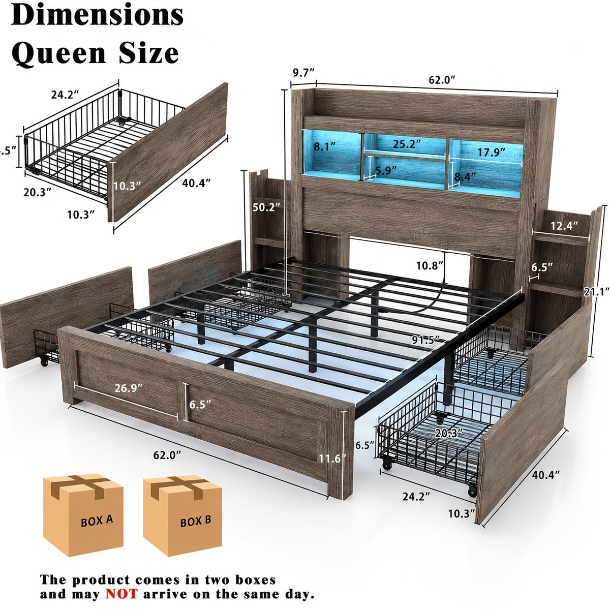 Farmhouse Wooden Bed Frame with 4 Storage Drawers, LED Bed Frame with 49" Tall Bookcase Headboard, Wood Platform Bed with Charging Station And 2 Slide Bedside Shelves