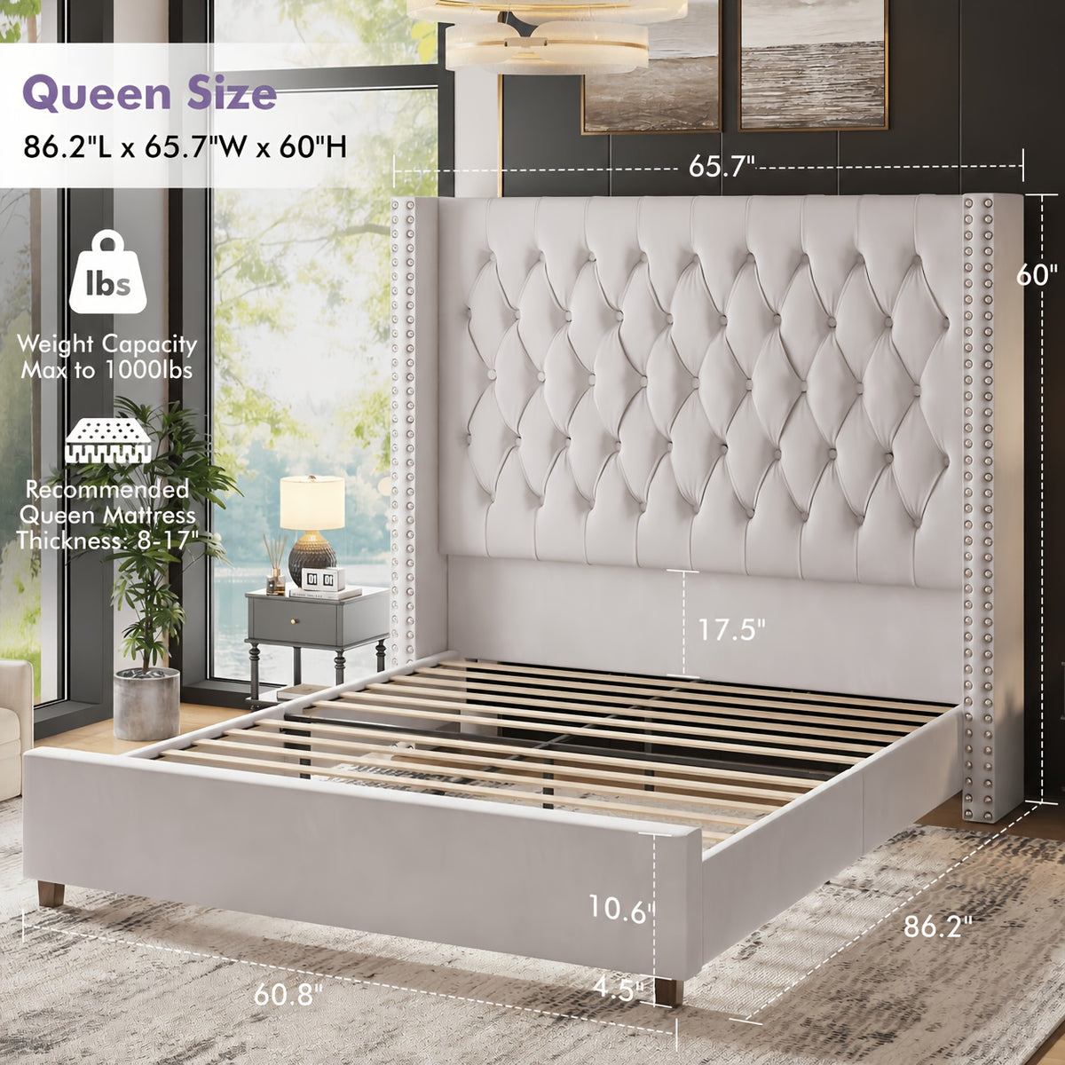 LUXOAK 60 Inch Tall Velvet Bed Frame With Tufted Wingback Headboard, Solid Wood Legs And Slat Support, No Box Spring Needed