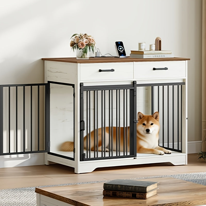 38.2'' Dog Crate Furniture with Charging Station, Barn Door Dog Kennel Indoor with 2 Storage Drawers, Wooden Pet Cage End Side Table for Medium/Large Dogs, Chew-Proof, Black/White Brown