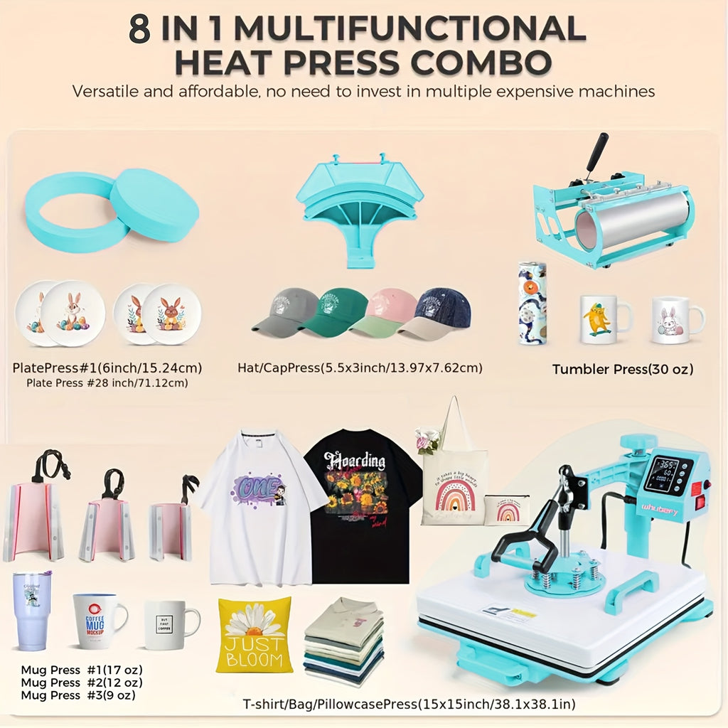 15"x15"/15"x12" - 8-in-1/ 5-in-1 Heat Press Machine Combo, Rotatable Design, Multi-Size Transfer Professional Sublimation Combination, Suitable for T-shirts, Bags, Pillows, Hats, Beanies, Roller - 3in 1 Auto Hat Press Can Only Press Hats