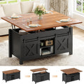 Farmhouse Lift Top Coffee Table with Hidden Compartments And Open Shelves, Center Table with Sliding Barn Door for Living Room Home Office, Light Oak Gray