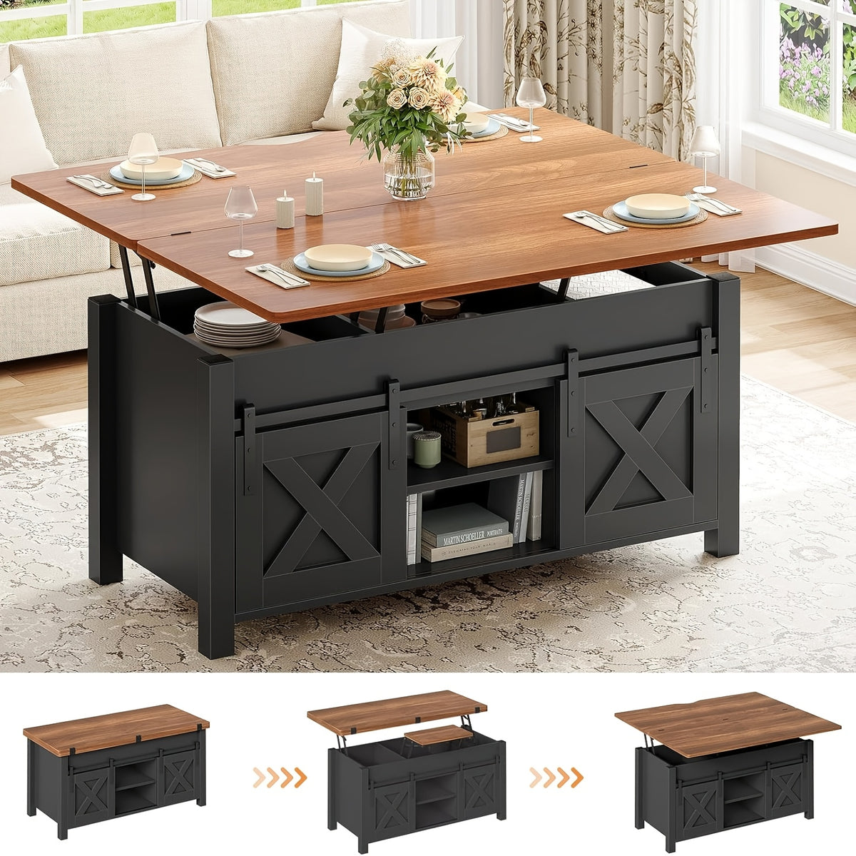 Farmhouse Lift Top Coffee Table with Hidden Compartments And Open Shelves, Center Table with Sliding Barn Door for Living Room Home Office, Light Oak Gray