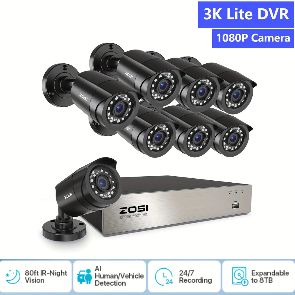 8-Channel 5MP Lite H.265+ ZOSI Wired Security Camera System - AI Human Vehicle Detection, 4-in-1 Output Signal, 8 x 1080P Surveillance Cameras with 60FT BNC Cables, Email Alert with Snapshots (No Hard Drive)